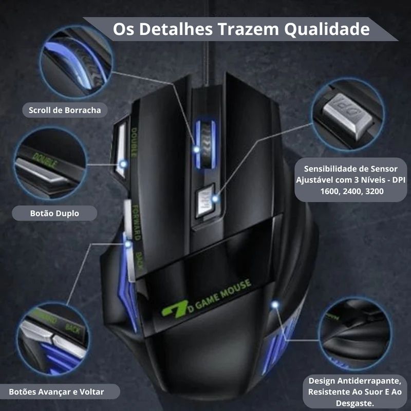 Mouse Gamer 3200 DPI com LED Laser