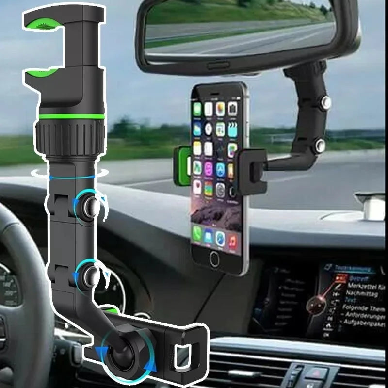 Suporte de Celular para Veículo acoplado atrás do retrovisor, com um braço ajustável que posiciona o celular para fácil visualização. Perfeito para garantir praticidade e segurança ao utilizar o celular enquanto dirige!