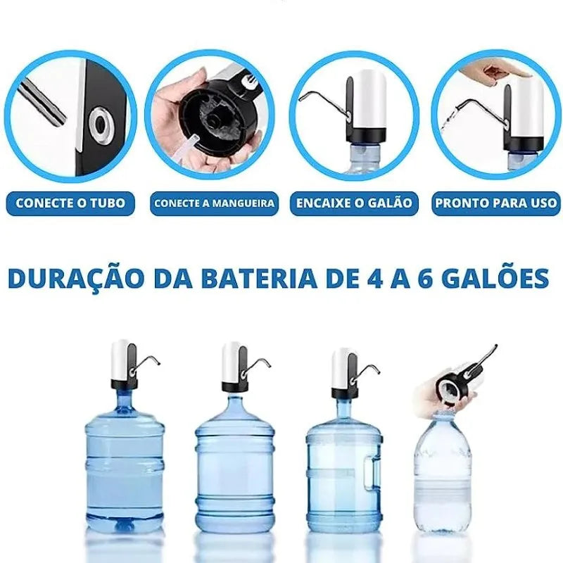 A Bomba de Água Elétrica em ação, destacando sua eficiência ao dispensar água de um galão de 20 litros. Com uma única carga, a bateria dura de 4 a 6 galões, proporcionando praticidade e conforto na sua hidratação diária!