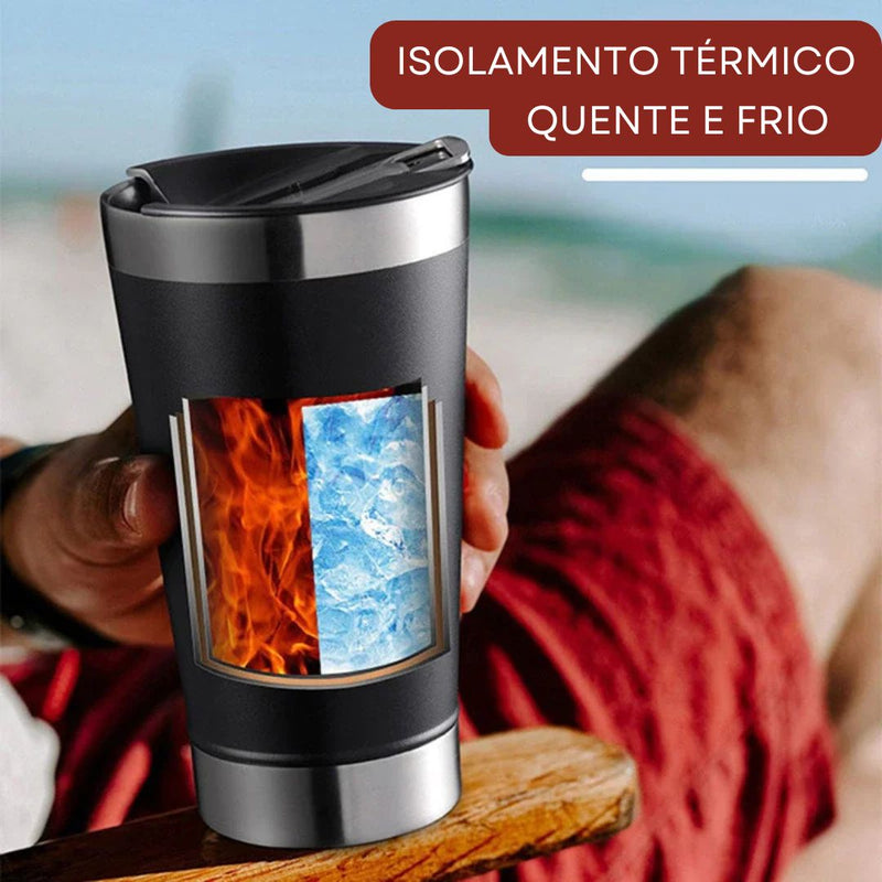 Copo Térmico em destaque, com fogo e gelo representando sua capacidade de manter bebidas quentes e frias por horas. Uma visualização poderosa que ilustra a eficiência do isolamento térmico, ideal para quem aprecia a temperatura perfeita em qualquer ocasião!