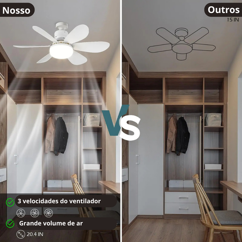 Ventilador de Teto Com Lampada LED, não só torna o ambiente fesco com seu super vento mas também o ilumina. Possui 3 velocidades e gera grande volume de ar.