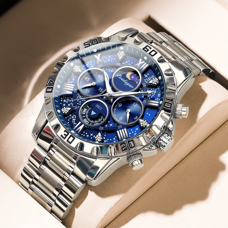 Poedagar Luxury Quartz 973, pulseira de metal prata com caixa azul.