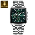 Relógio POEDAGAR Luxo Quadrado 866. Pulseira de metal  prata com mostrador verde.