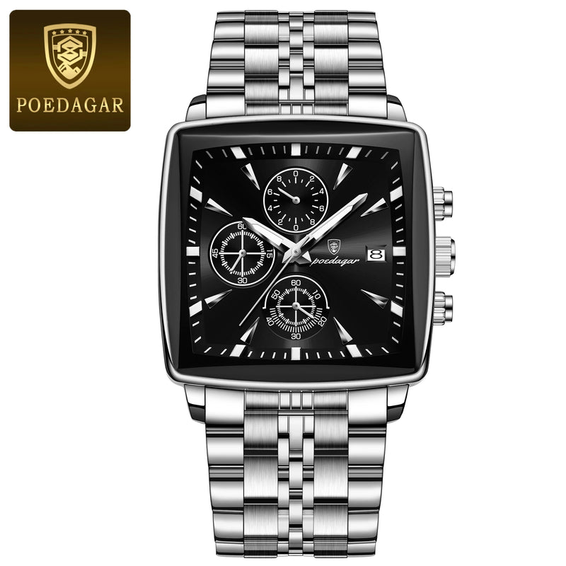Relógio POEDAGAR Luxo Quadrado 866. Pulseira de metal prata com mostrador preto.