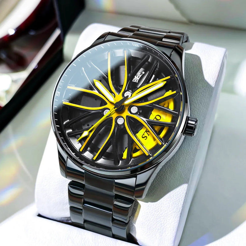 Relógio Esportivo OLEVS Pro - Roda de Aço com pulseira de metal, Amarelo.