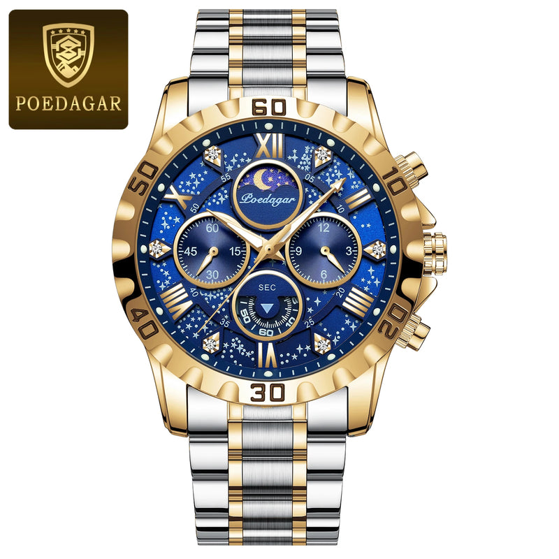 Poedagar Luxury Quartz 973, pulseira de metal prata com ouro e caixa azul.