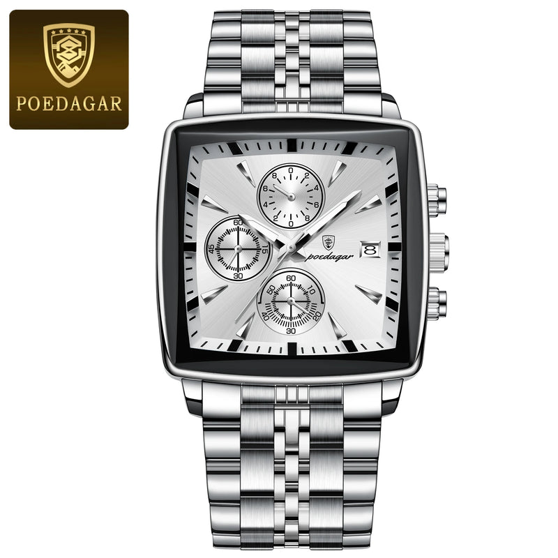 Relógio POEDAGAR Luxo Quadrado 866. Pulseira de metal prata com mostrador branco.