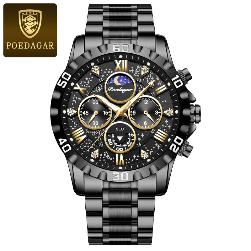 Poedagar Luxury Quartz 973, pulseira de metal preta com caixa preta.