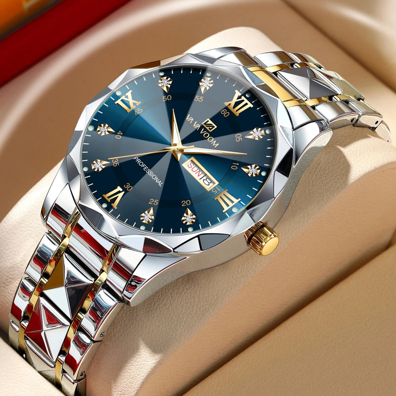 Relógio Masculino Water Diamond Luxury com pulseira de metal Prata/Bronze e amostrador Azul