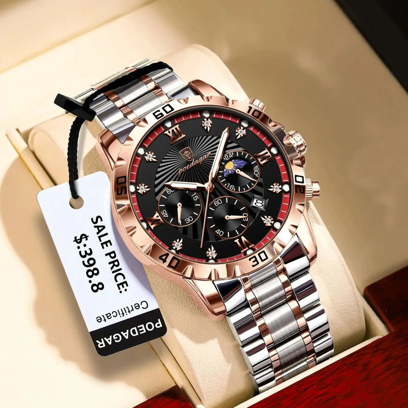 Relógio POEDAGAR LuxoMen 965 com pulseira prata/bronze, mostrador preto e luneta vermelha.