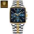 Relógio POEDAGAR Luxo Quadrado 866. Pulseira de metal prata e dourata com mostrador Azul.