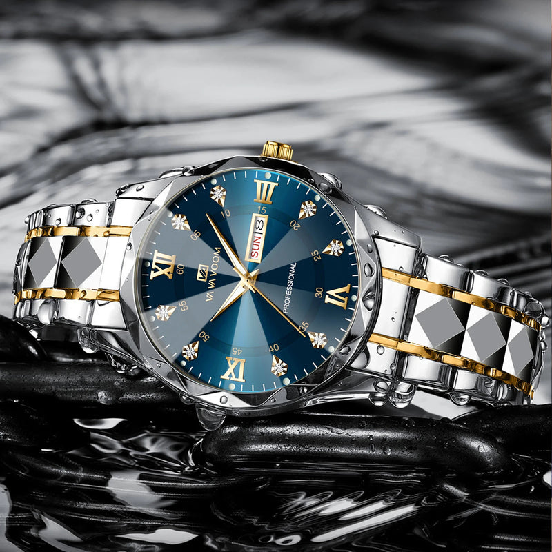 Relógio Masculino Water Diamond Luxury com pulseira de metal Prata/bronze e amostrador Azul ressistente a água