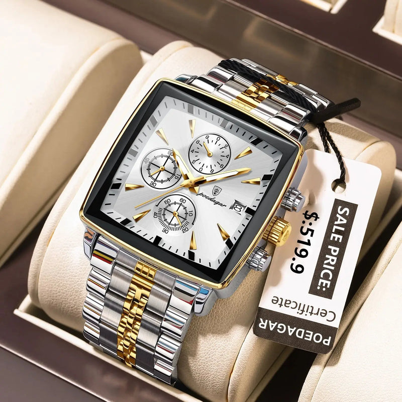 Relógio POEDAGAR Luxo Quadrado 866 com pulseira de metal prata/dourada e mostrador branco.