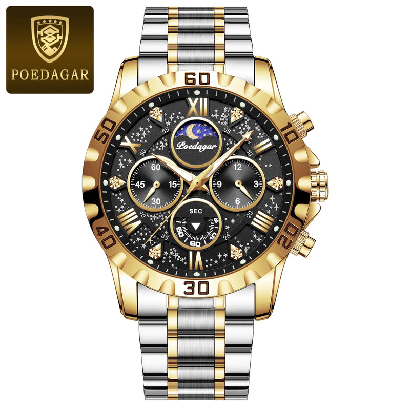 Poedagar Luxury Quartz 973, pulseira de metal prata com ouro e caixa preta.