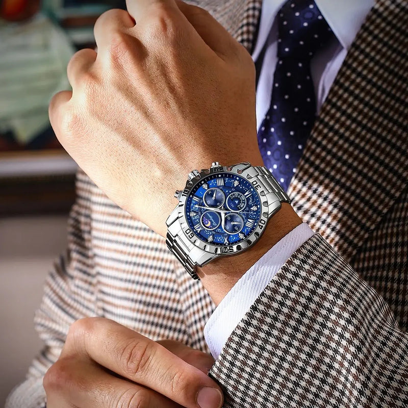 Poedagar Luxury Quartz 973, pulseira de metal prata com caixa azul.
