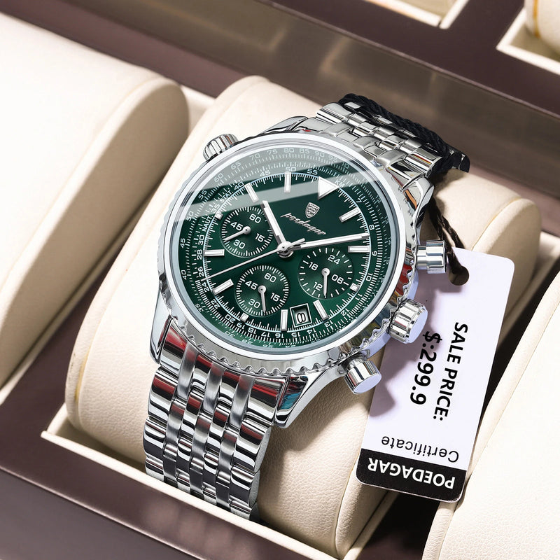 Relógio POEDAGAR Militar de Luxo 960, Prata com mostrador verde.