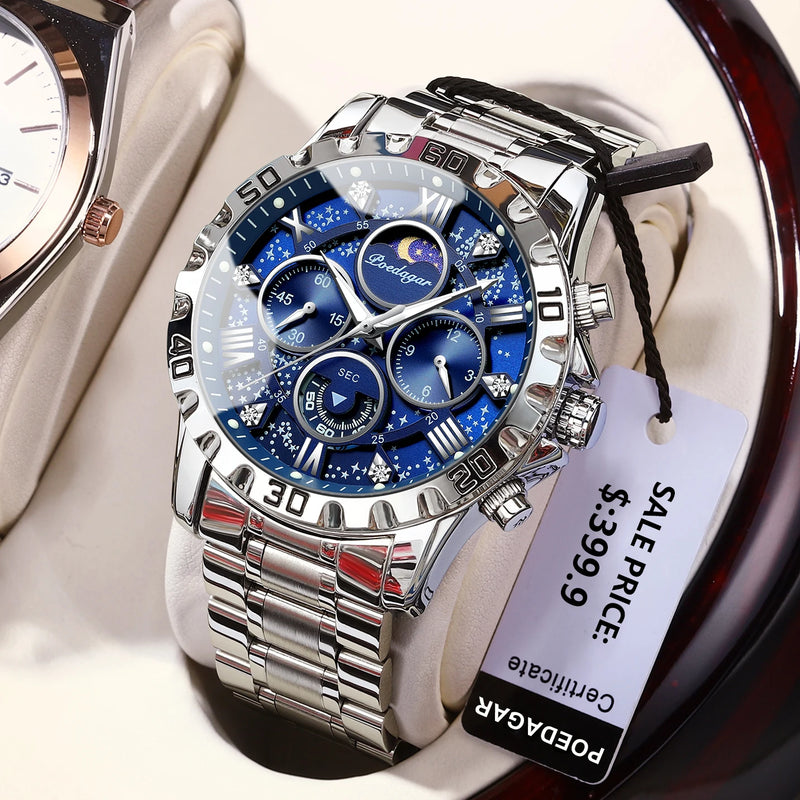 Poedagar Luxury Quartz, 973 pulseira de metal preta com caixa azul.