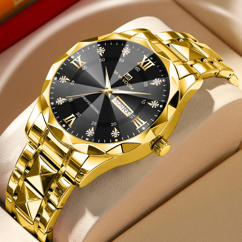 Relógio Masculino Water Diamond Luxury com pulseira de metal dourada e amostrador Preto
