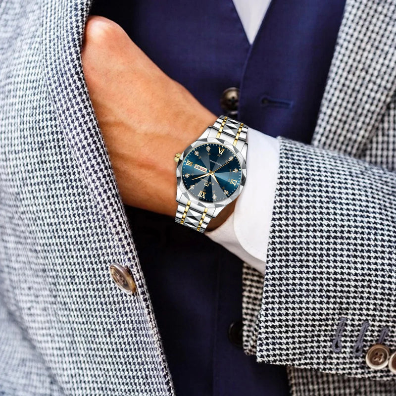 Relógio Masculino Water Diamond Luxury com pulseira de metal Prata/bronze e amostrador Azul
