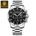 Relógio POEDAGAR LuxoMen 965 com pulseira de metal prata, mostrador preto e luneta preta.