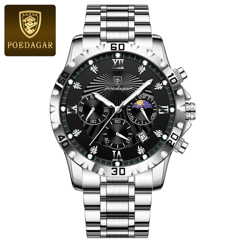 Relógio POEDAGAR LuxoMen 965 com pulseira de metal prata, mostrador preto e luneta preta.