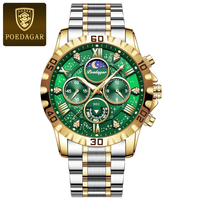Poedagar Luxury Quartz 973, pulseira de metal prata com ouro e caixa verde.