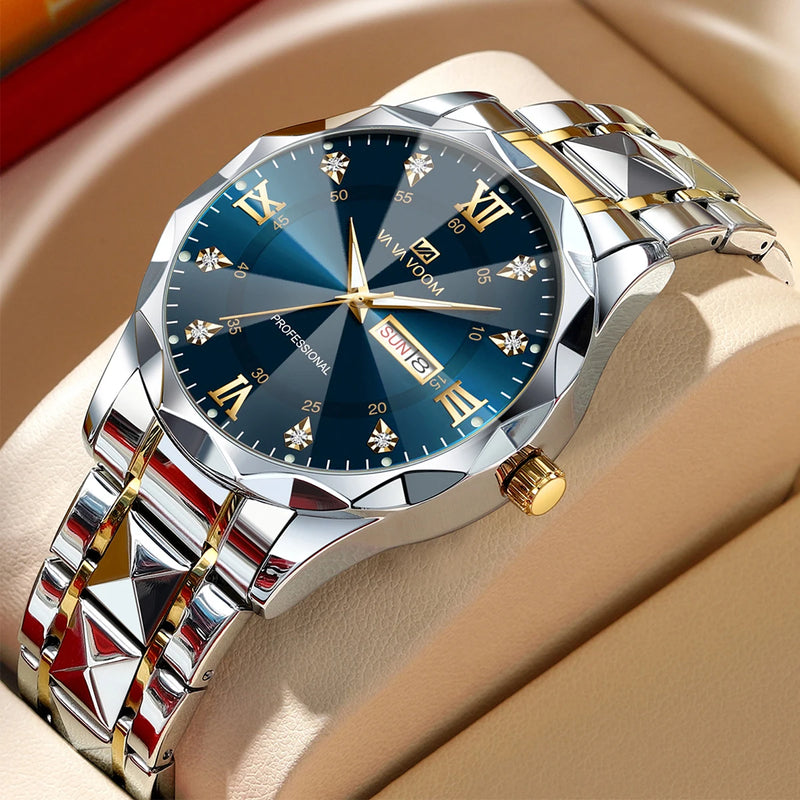 Relógio Masculino Water Diamond Luxury com pulseira de metal Prata/bronze e amostrador Azul