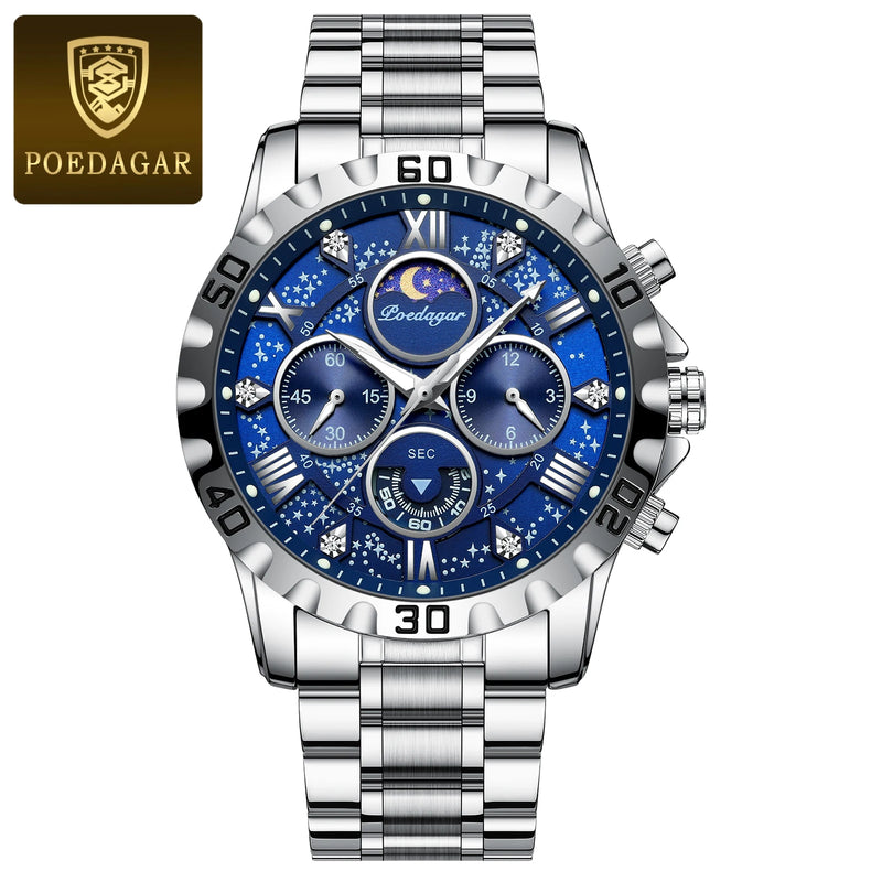 Poedagar Luxury Quartz 973 com pulseira de metal prata com caixa azul.
