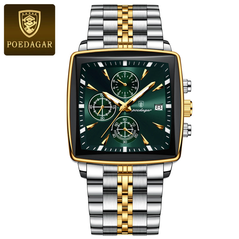 Relógio POEDAGAR Luxo Quadrado 866. Pulseira de metal prata e dourata com mostrador Verde.