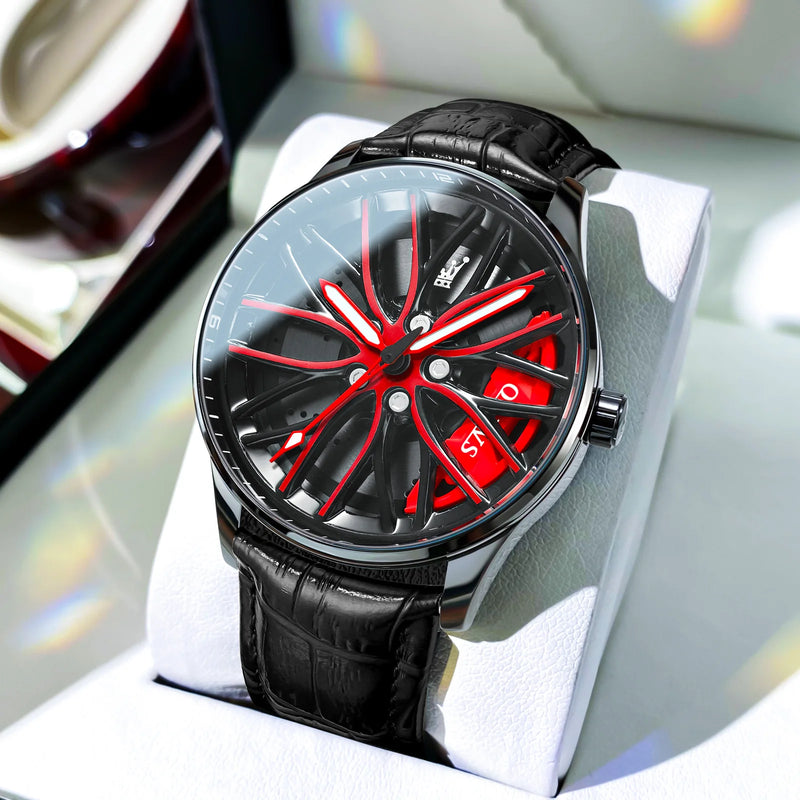 Relógio Esportivo OLEVS Pro - Roda de Aço com pulseira de couro, Vermelho.