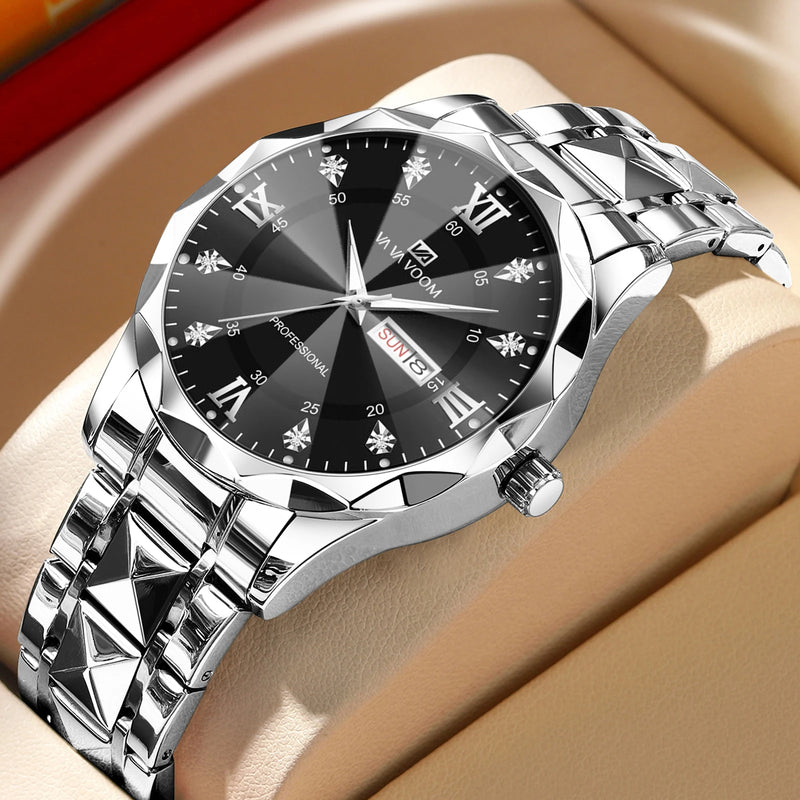 Relógio Masculino Water Diamond Luxury com pulseira de metal Prata e amostrador Preto