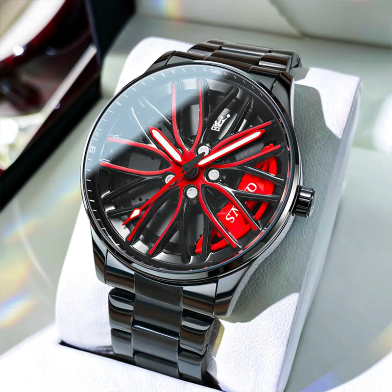 Relógio Esportivo OLEVS Pro - Roda de Aço com pulseira de metal, Vermelho.