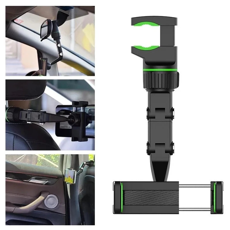 Suporte de Celular para Veículo destacando os diferentes locais onde pode ser acoplado, como no painel, atrás do retrovisor e no vidro. Versátil e prático, oferece várias opções para posicionar seu celular com segurança e conforto durante a condução!