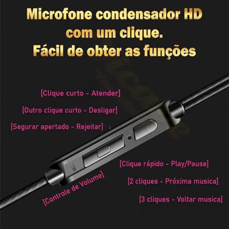 Fone de Ouvido com Fio e Microfone, Driver de Cobre, Estilo Esportivo, HiFi Ergonômico